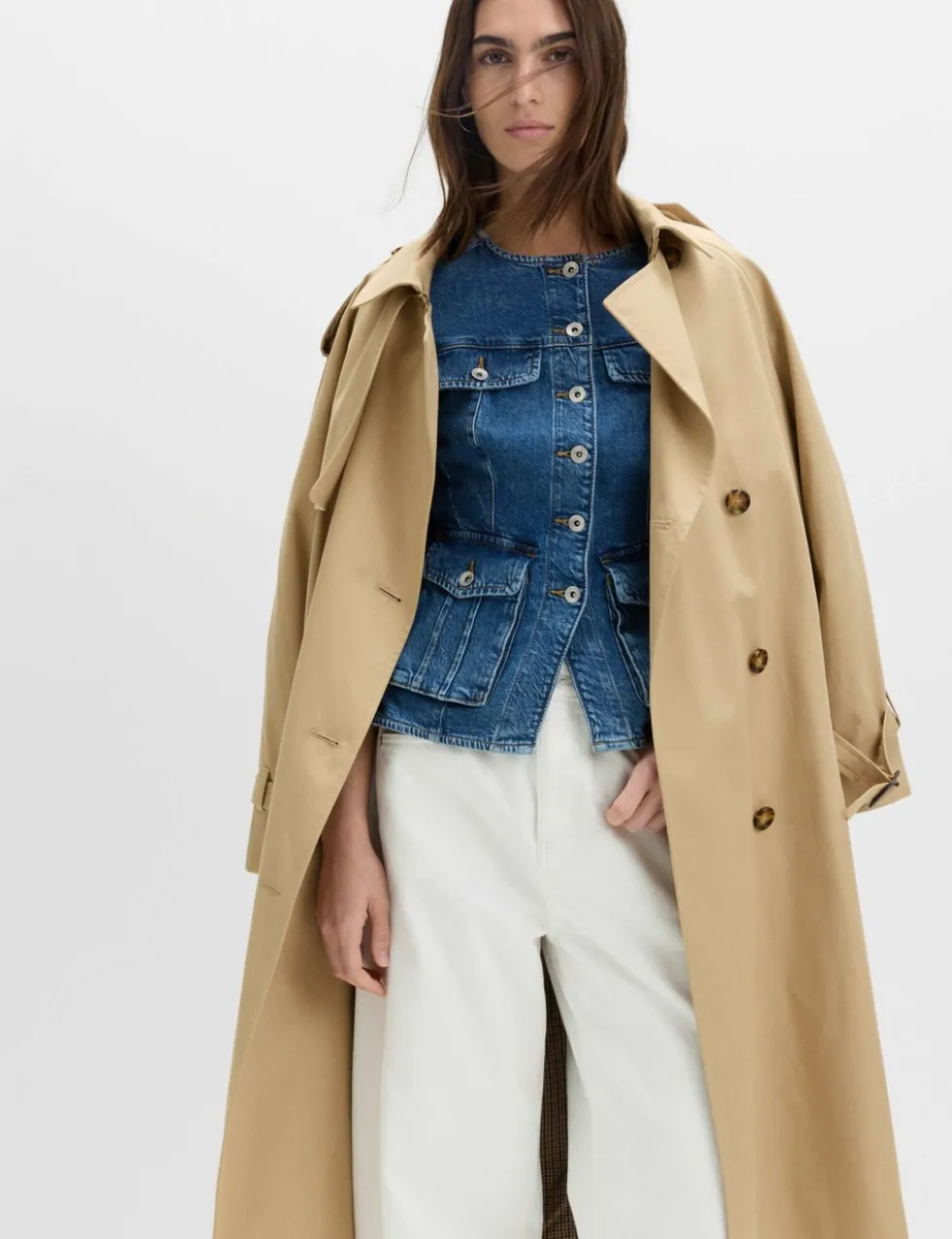 Denim Collarless Fitted Utility Jacket