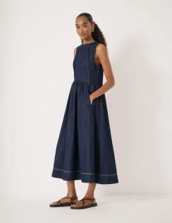 Denim Crew Neck Midaxi Waisted Dress
