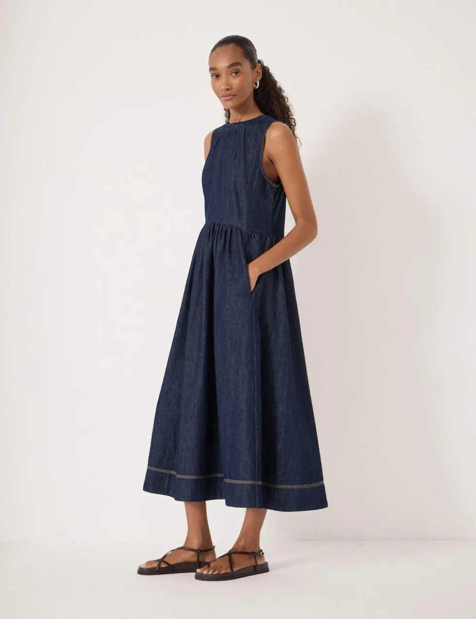Denim Crew Neck Midaxi Waisted Dress