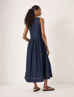Denim Crew Neck Midaxi Waisted Dress