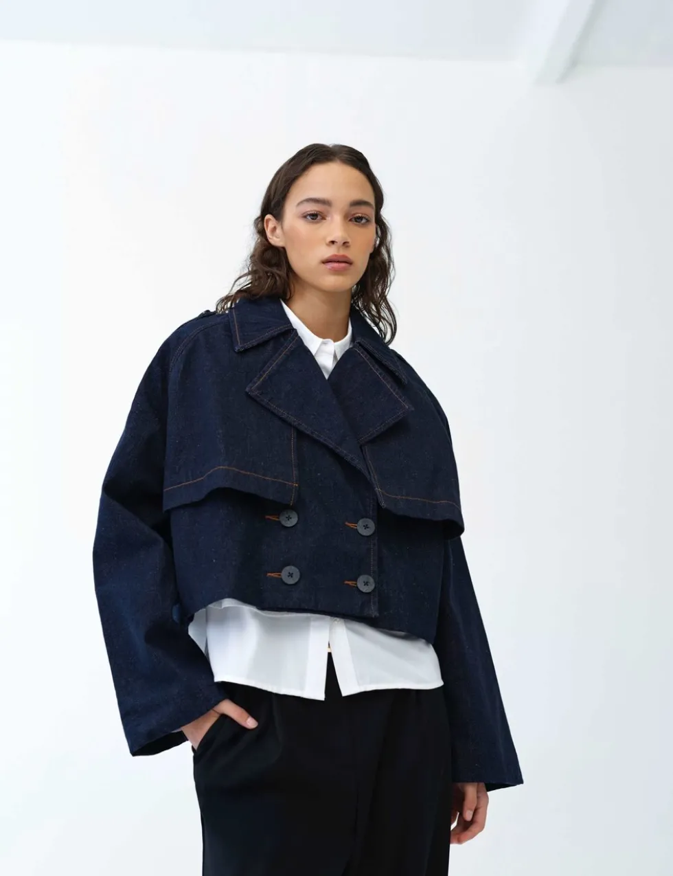 Denim Cropped Trench Coat