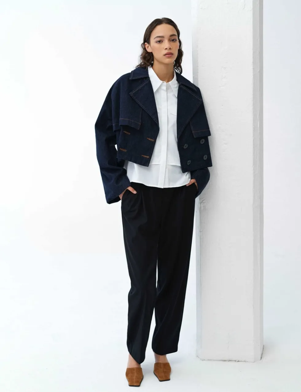 Denim Cropped Trench Coat