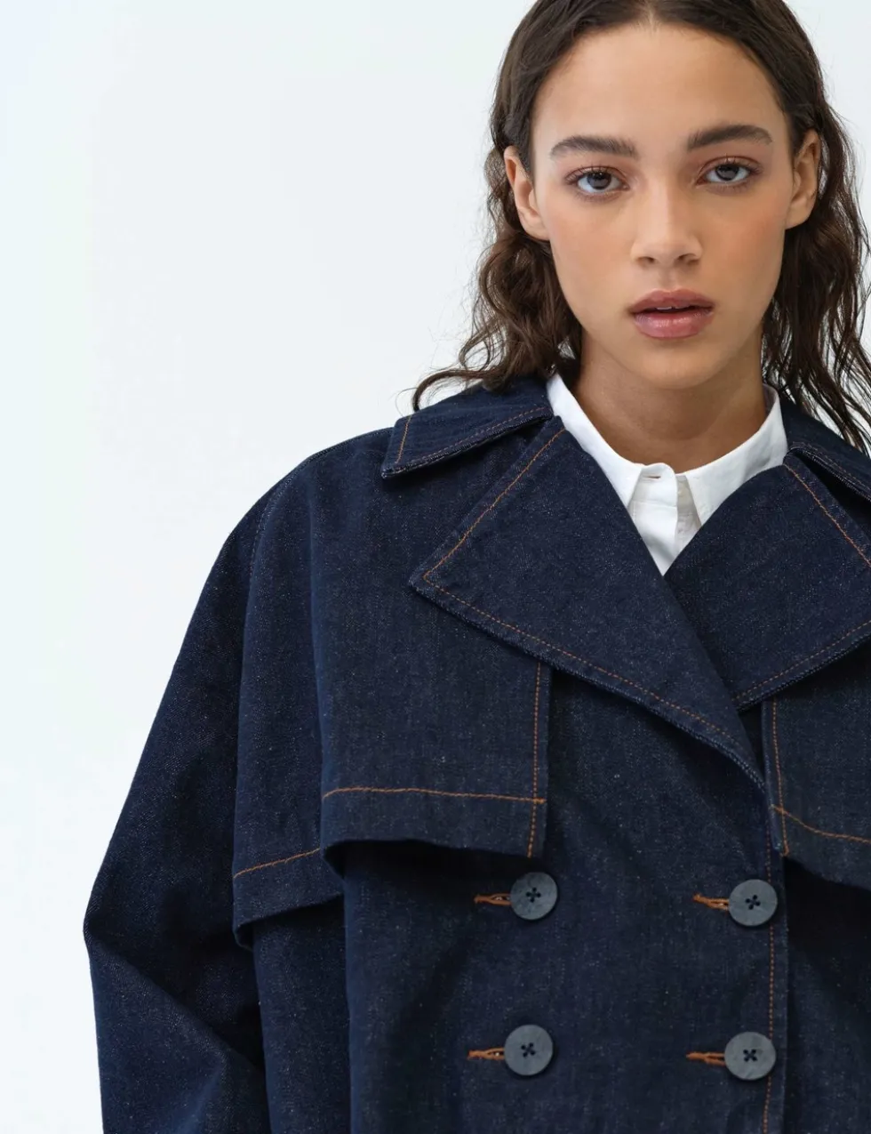 Denim Cropped Trench Coat
