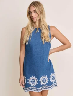 Denim Cutwork Detail Mini Shift Dress