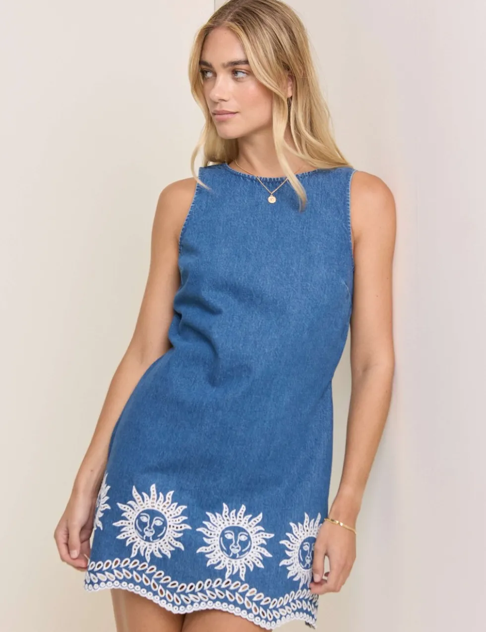 Denim Cutwork Detail Mini Shift Dress