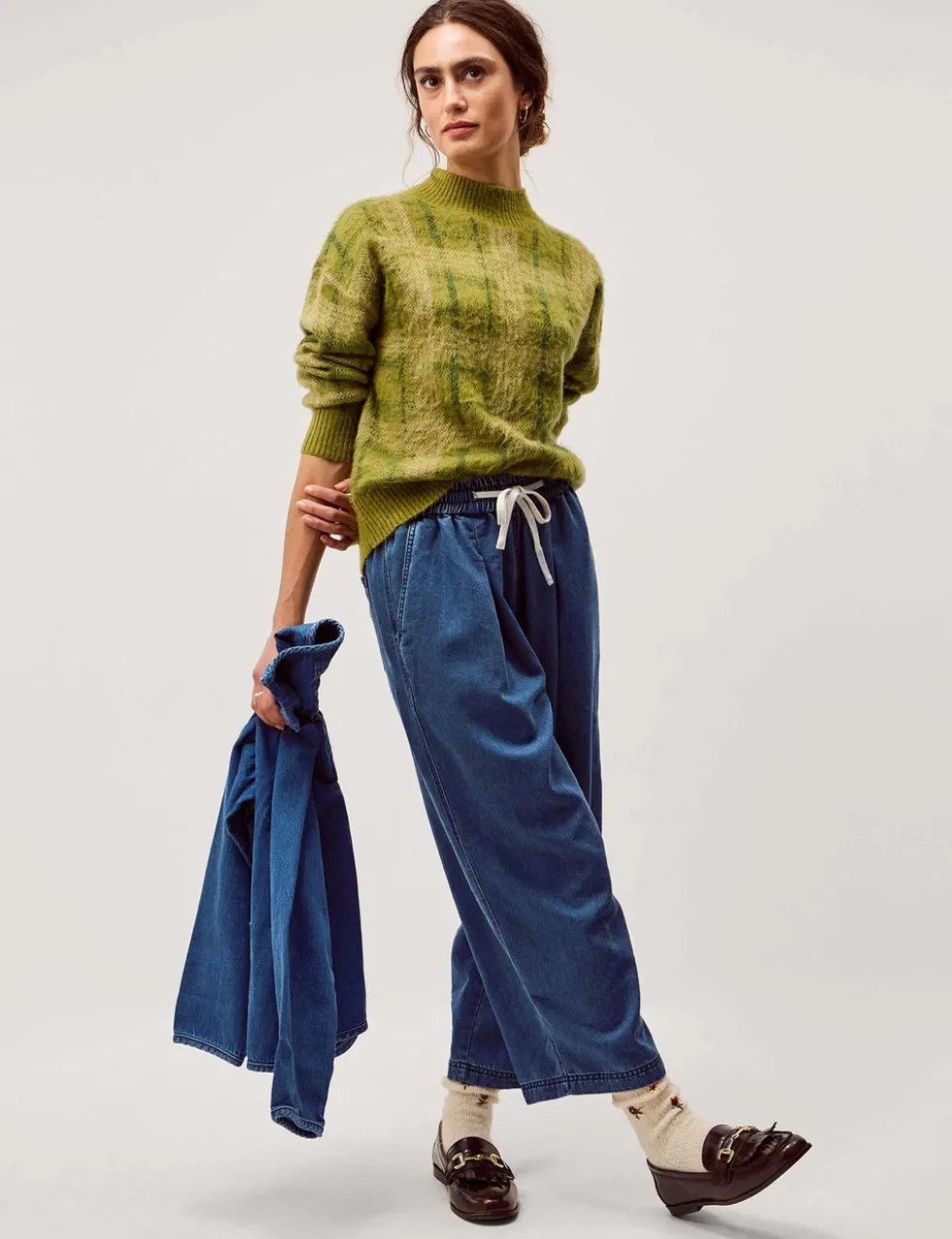 Denim Drawstring Wide Leg Trousers