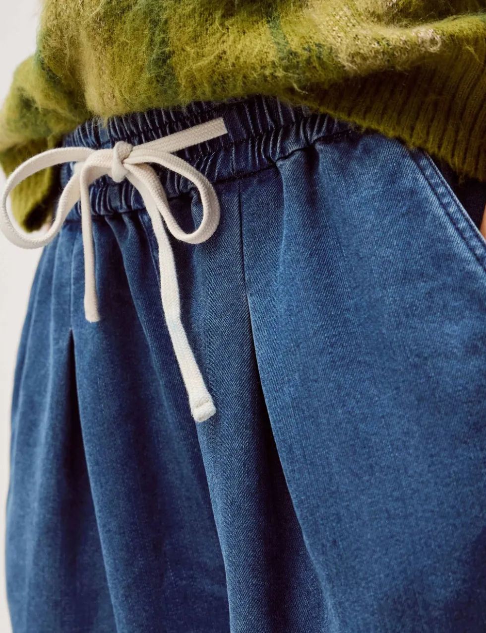Denim Drawstring Wide Leg Trousers