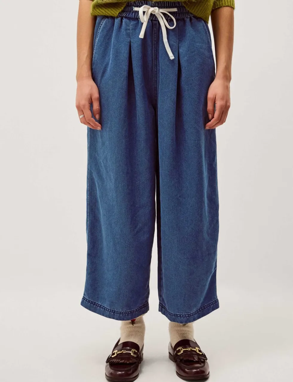 Denim Drawstring Wide Leg Trousers