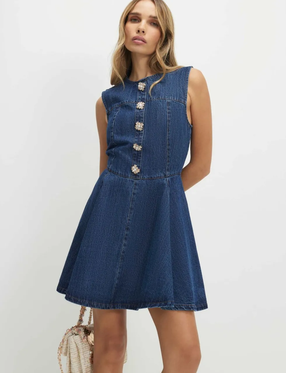 Denim Embellished Button Mini Skater Dress