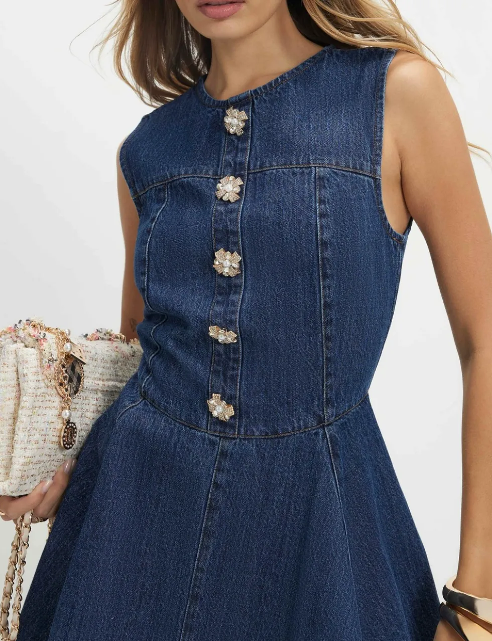 Denim Embellished Button Mini Skater Dress