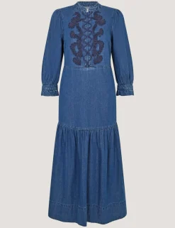 Denim Embroidered Midi Tiered Dress