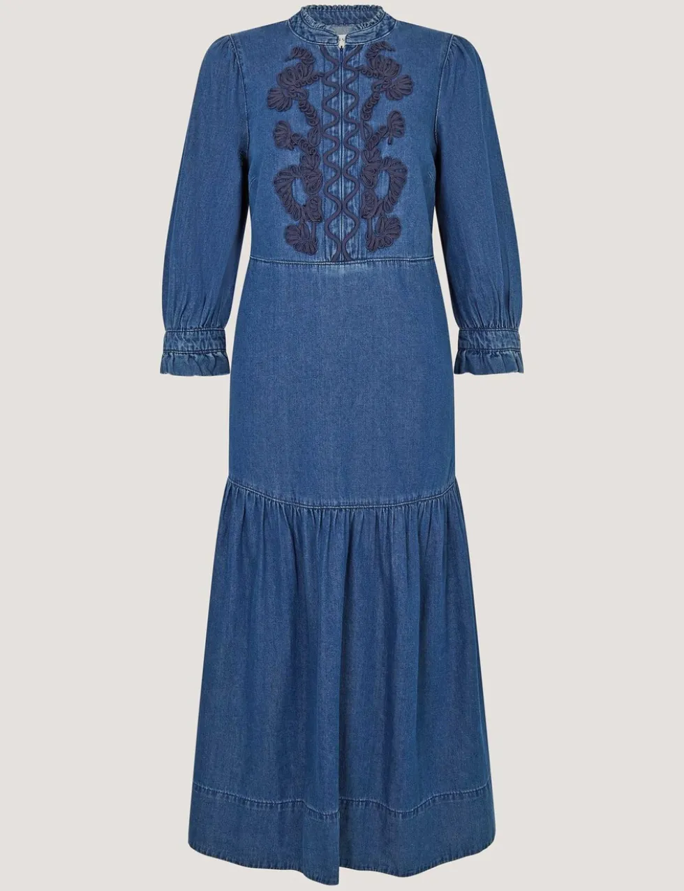 Denim Embroidered Midi Tiered Dress