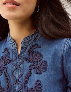 Denim Embroidered Midi Tiered Dress