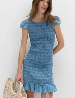 Denim Frill Hem Mini Shirred Dress