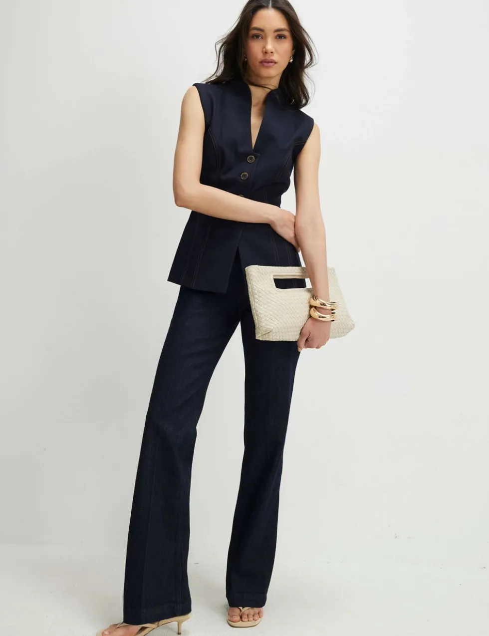 Denim High Neck Button Through Waistcoat