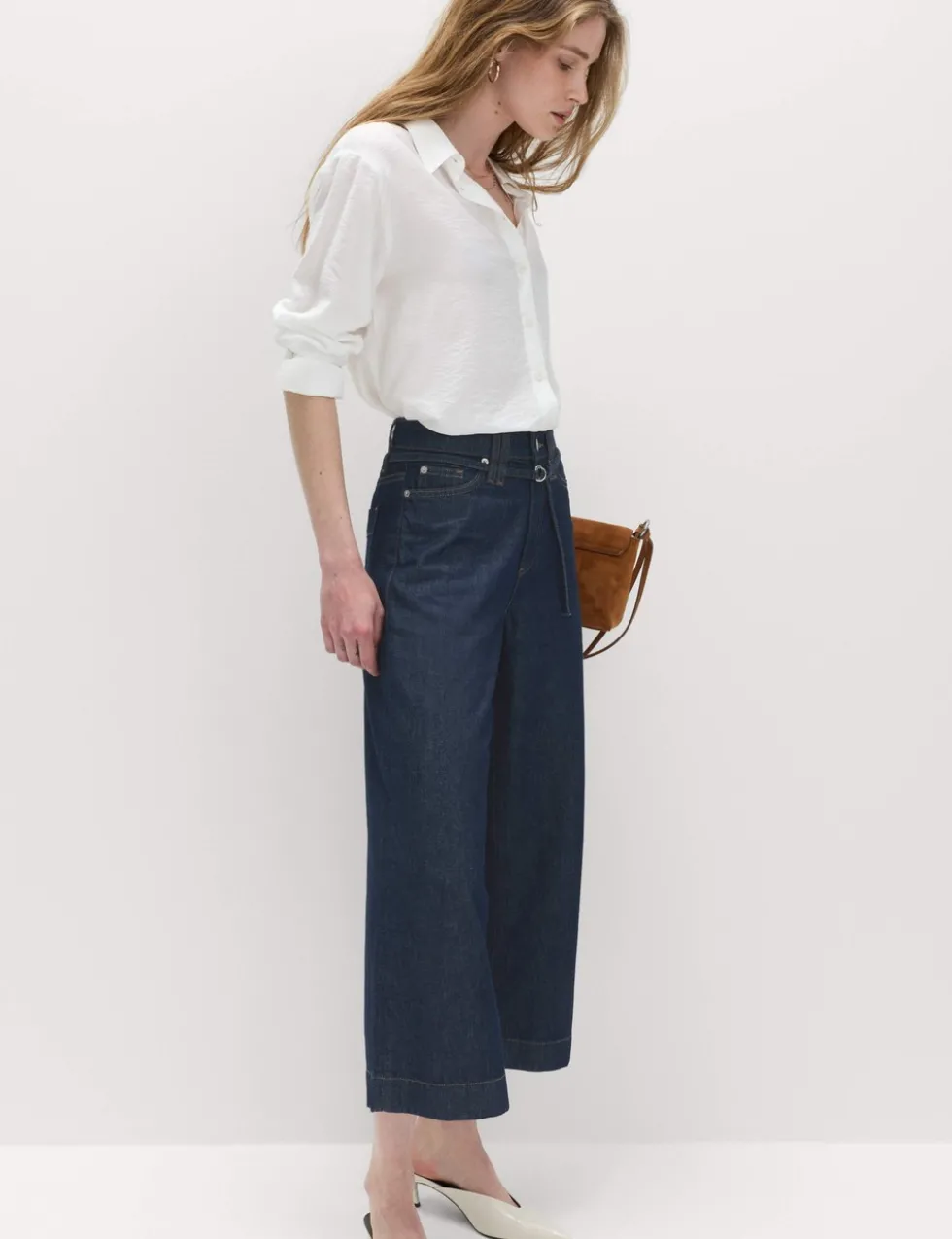 Denim High Waisted Belted Wide Leg Culottes