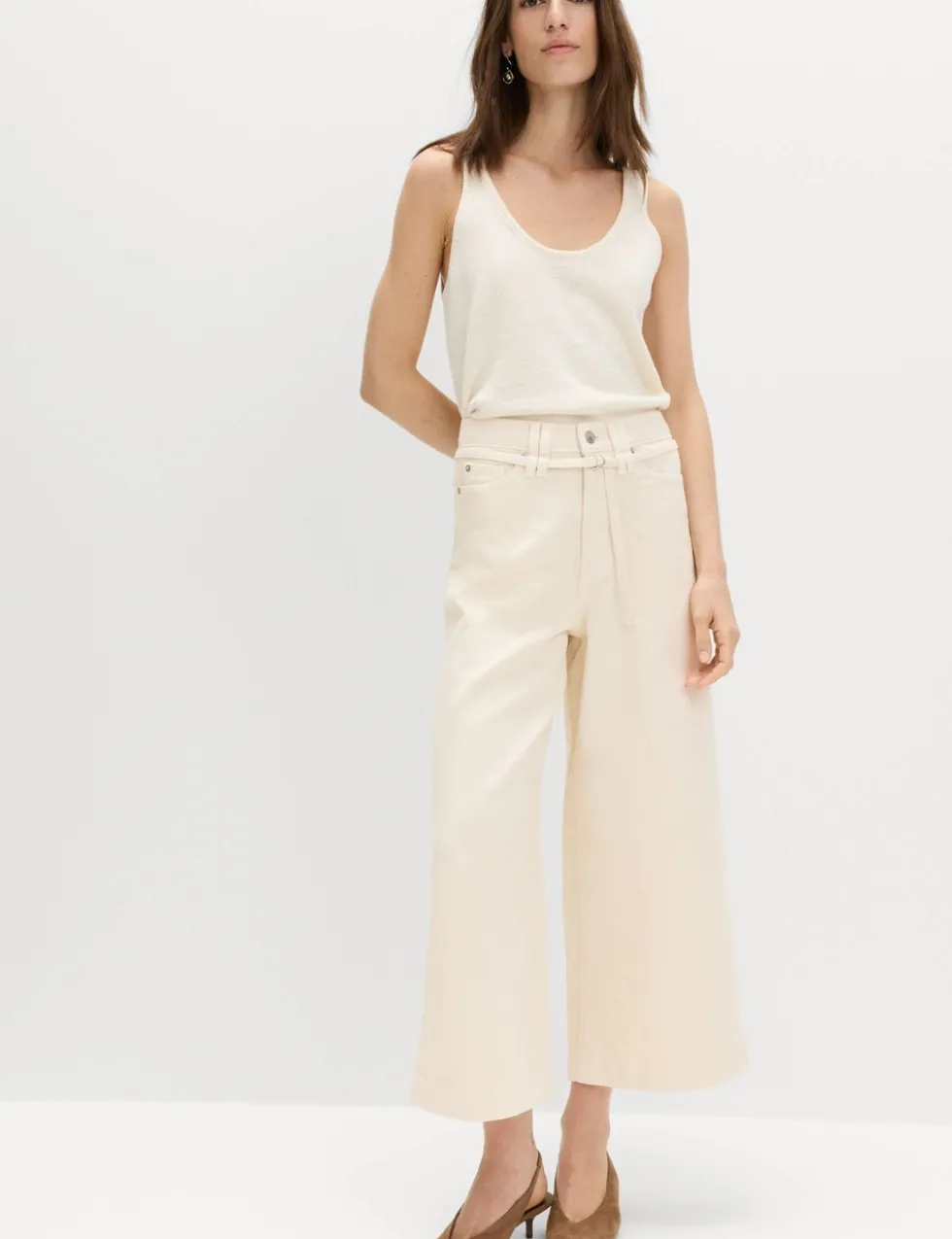 Denim High Waisted Belted Wide Leg Culottes