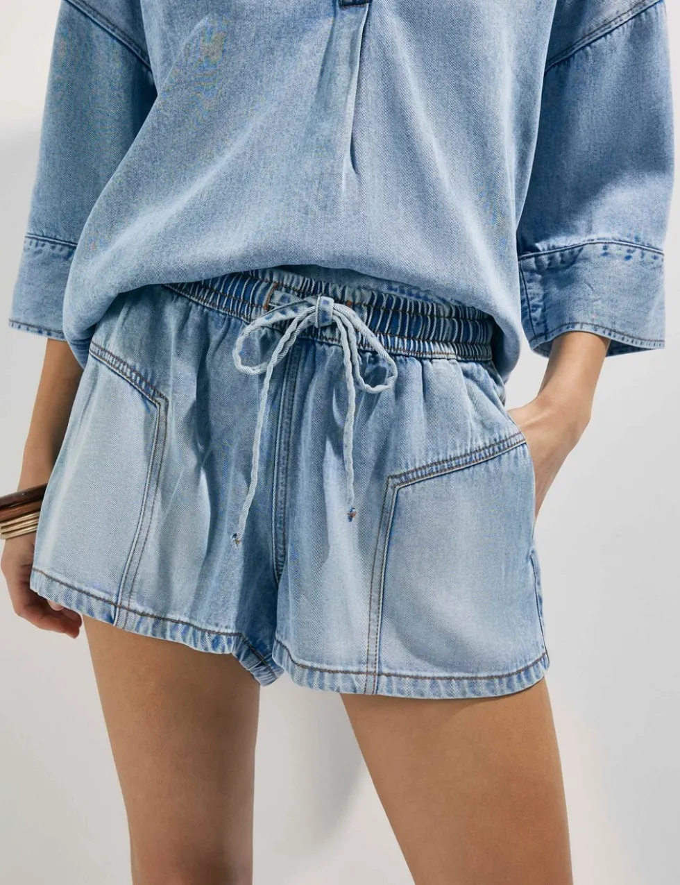 Denim High Waisted Drawstring Shorts