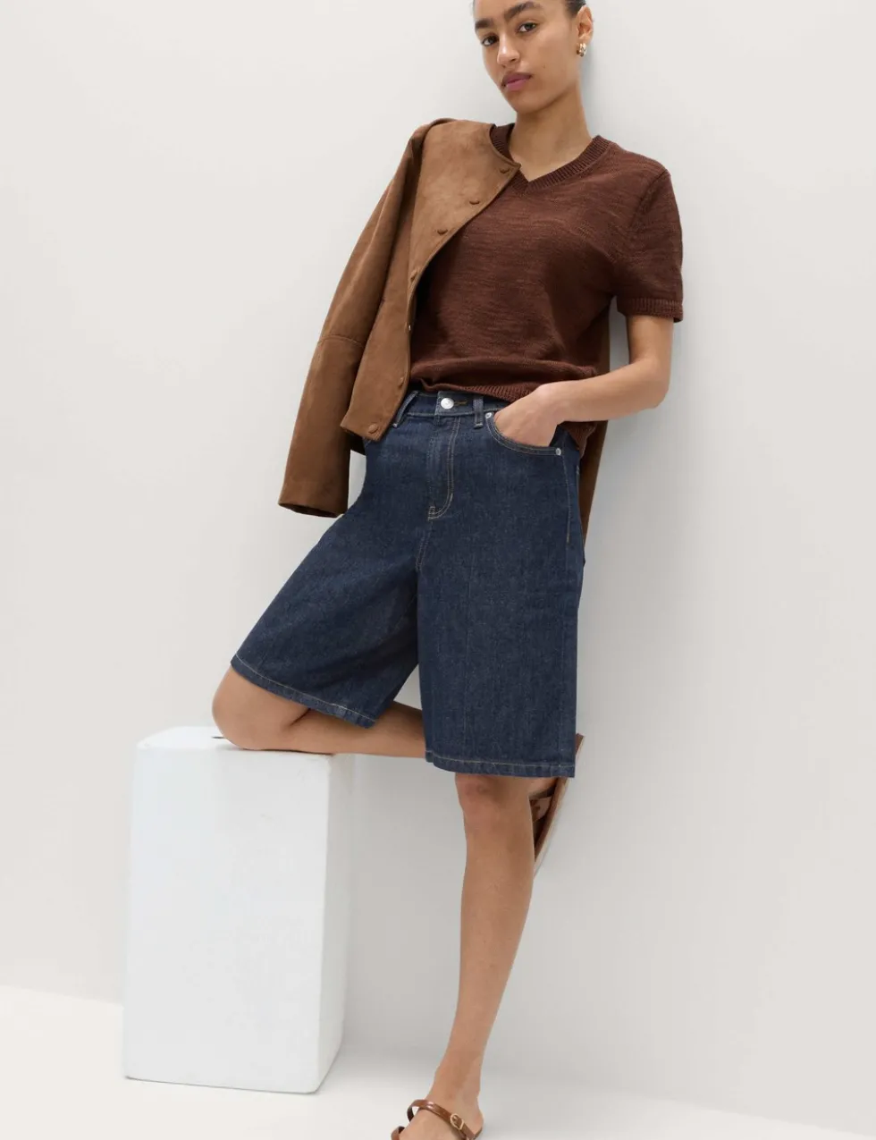 Denim High Waisted Jorts with Linen