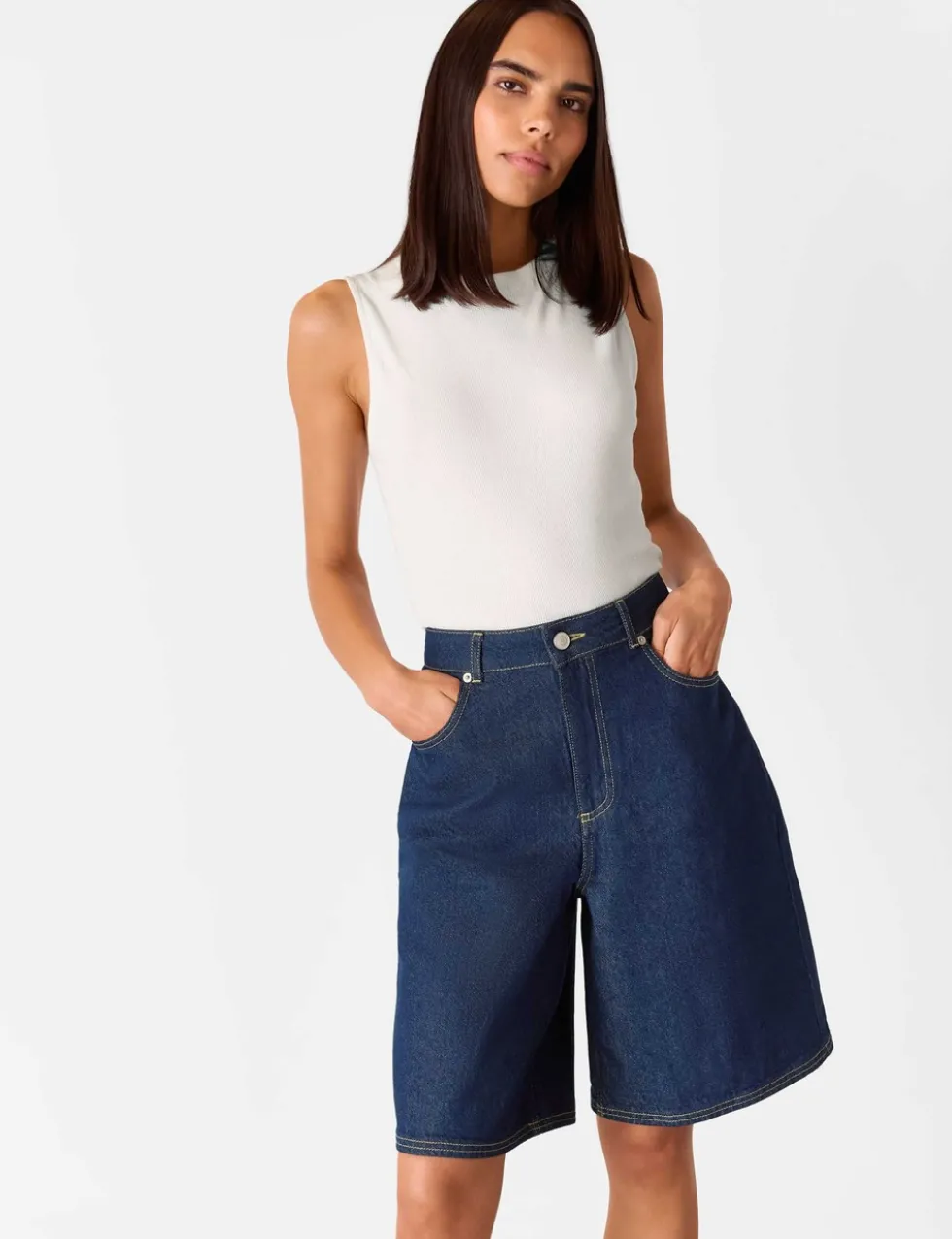 Denim High Waisted Knee Length Shorts
