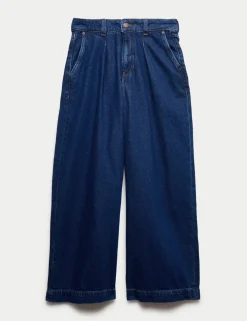Denim High Waisted Pleat Front Wide Leg Cropped Jeans