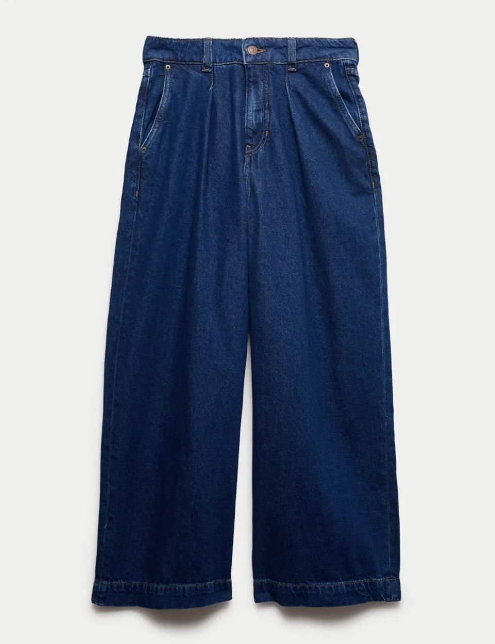 Denim High Waisted Pleat Front Wide Leg Cropped Jeans