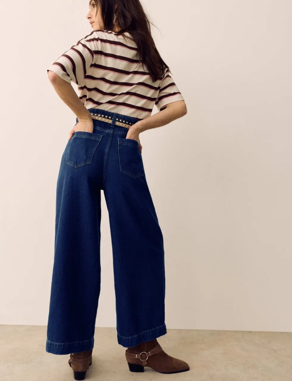 Denim High Waisted Pleat Front Wide Leg Cropped Jeans