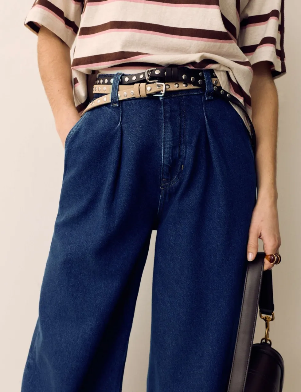 Denim High Waisted Pleat Front Wide Leg Cropped Jeans