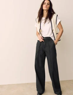 Denim Pintuck Wide Leg Jeans