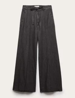 Denim Pintuck Wide Leg Jeans