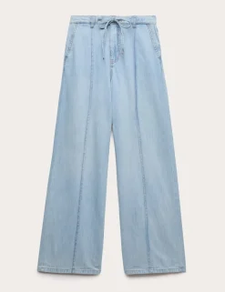 Denim Pintuck Wide Leg Jeans