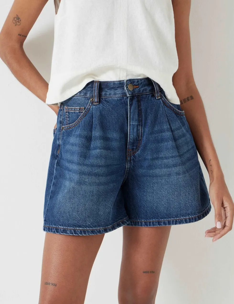 Denim Pleat Front Shorts