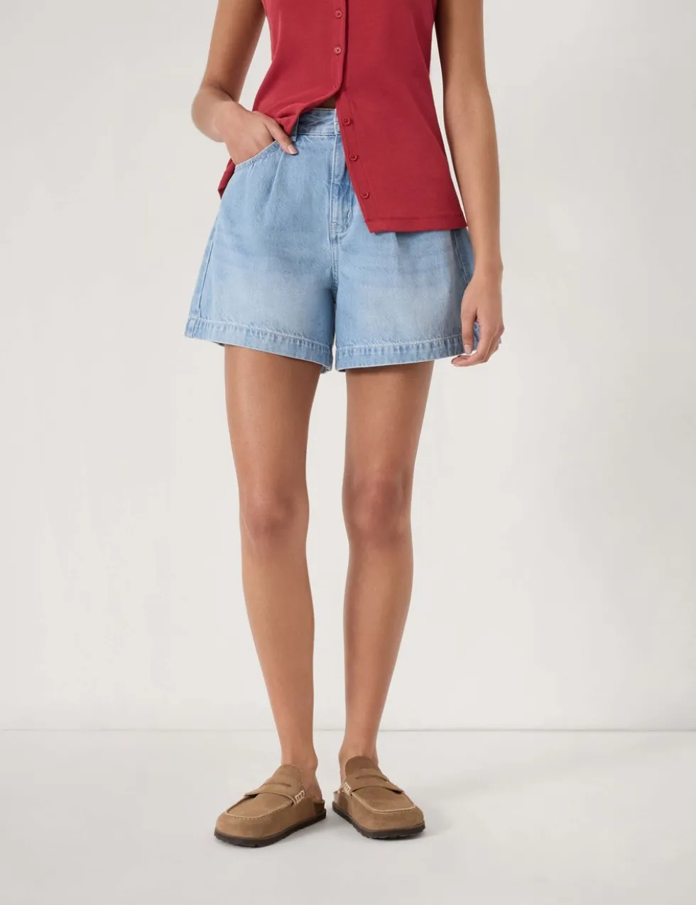 Denim Pleat Front Shorts