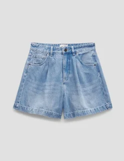 Denim Pleat Front Shorts