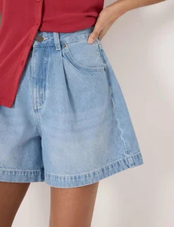 Denim Pleat Front Shorts