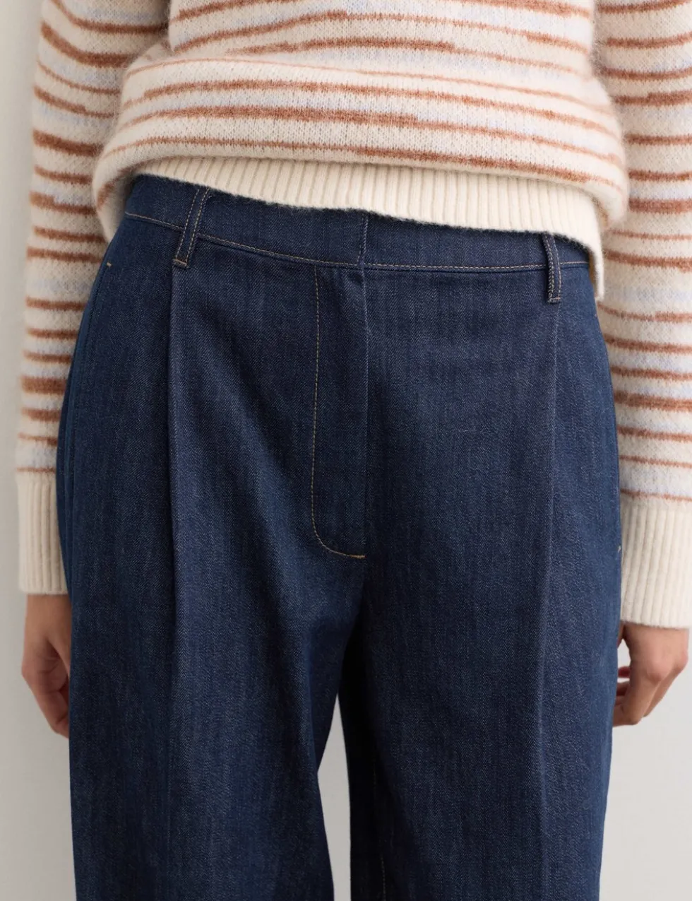 Denim Pleat Front Wide Leg Trousers