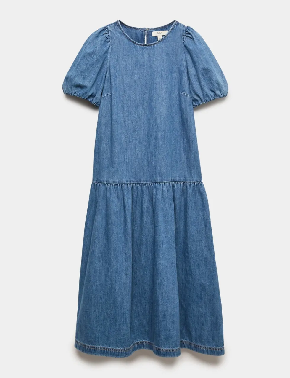 Denim Puff Sleeve Midi Drop Waist Dress