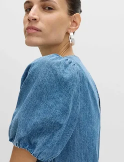 Denim Puff Sleeve Midi Drop Waist Dress