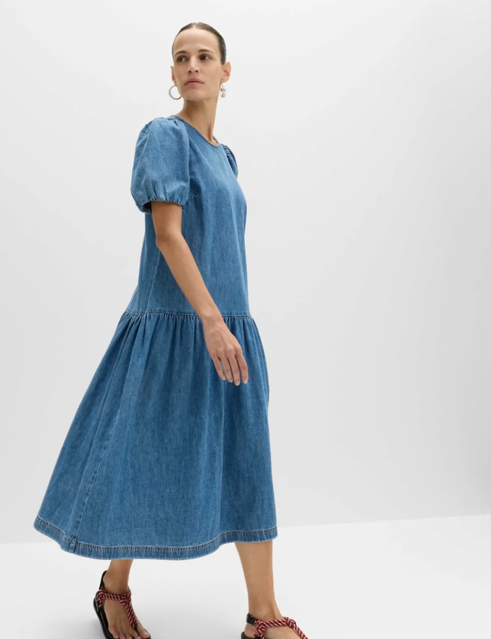 Denim Puff Sleeve Midi Drop Waist Dress
