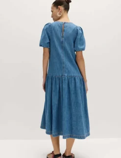 Denim Puff Sleeve Midi Drop Waist Dress