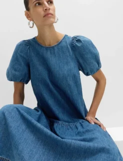 Denim Puff Sleeve Midi Drop Waist Dress
