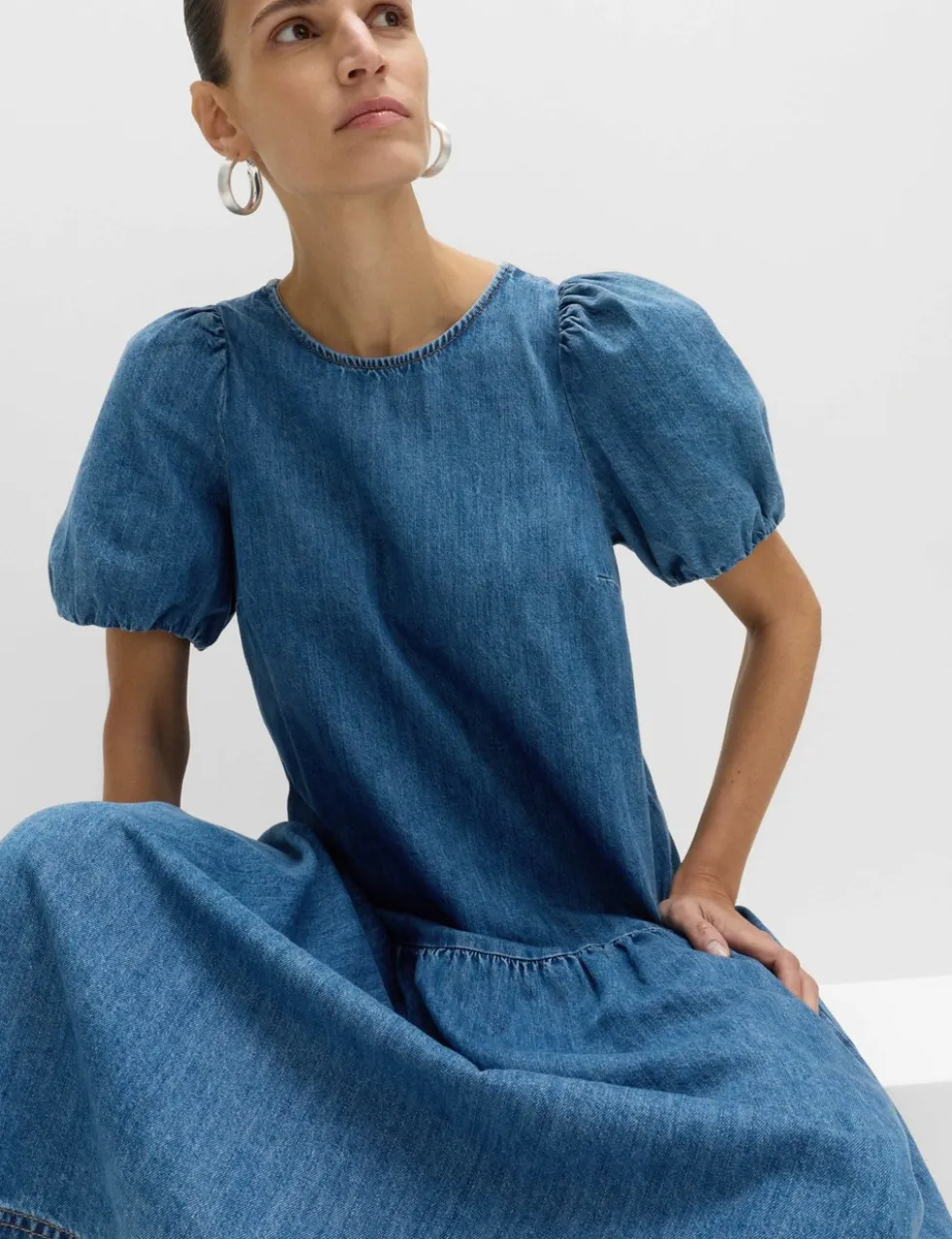 Denim Puff Sleeve Midi Drop Waist Dress