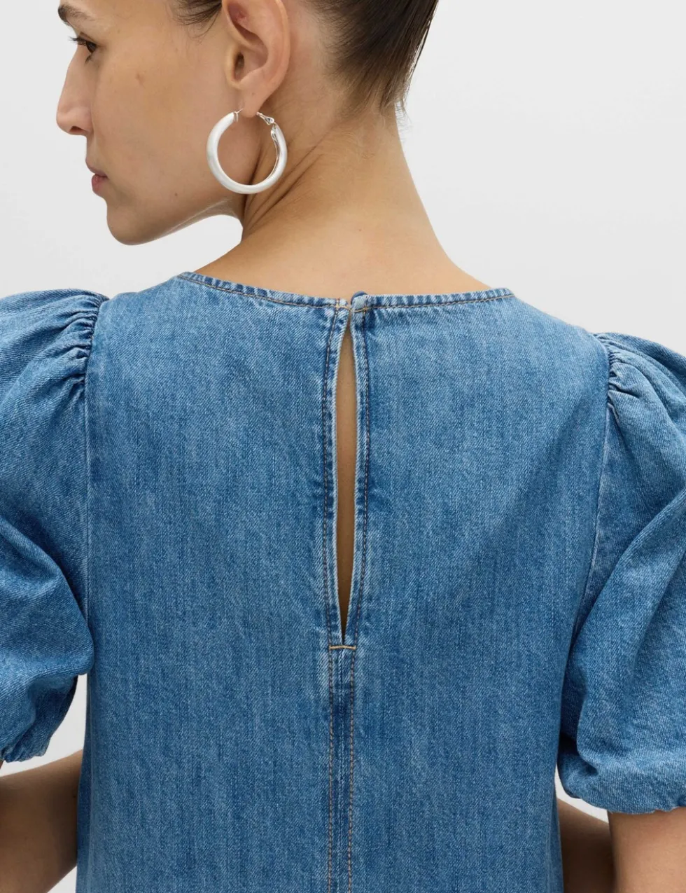 Denim Puff Sleeve Midi Drop Waist Dress