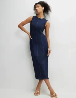 Denim Round Neck Midi Bodycon Dress