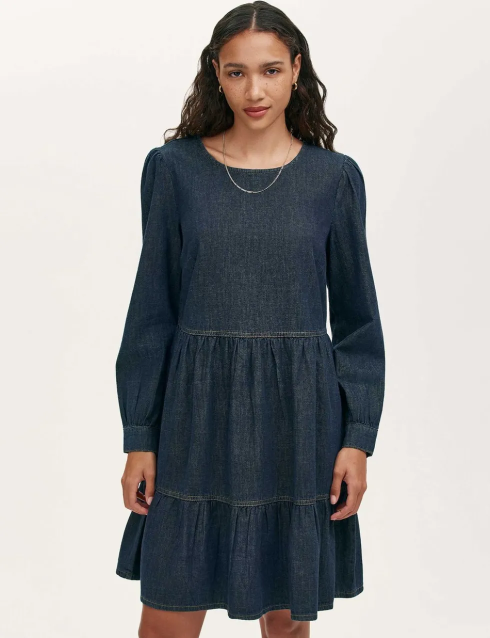 Denim Round Neck Midi Tiered Dress
