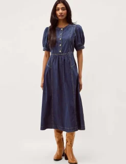 Denim Round Neck Midi Waisted Dress