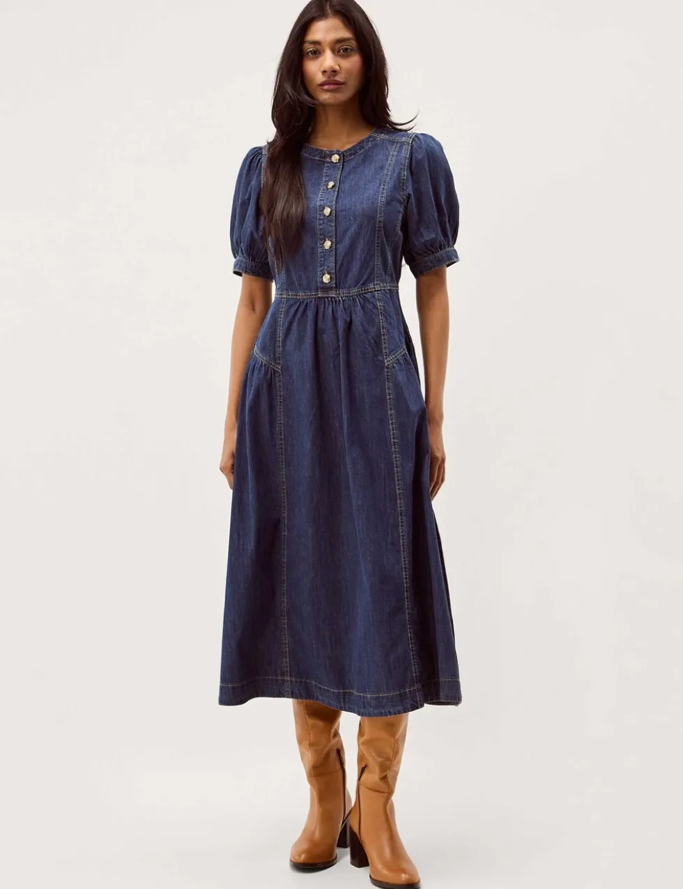 Denim Round Neck Midi Waisted Dress