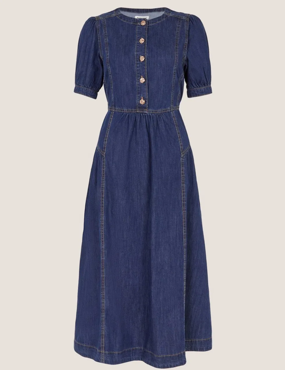Denim Round Neck Midi Waisted Dress