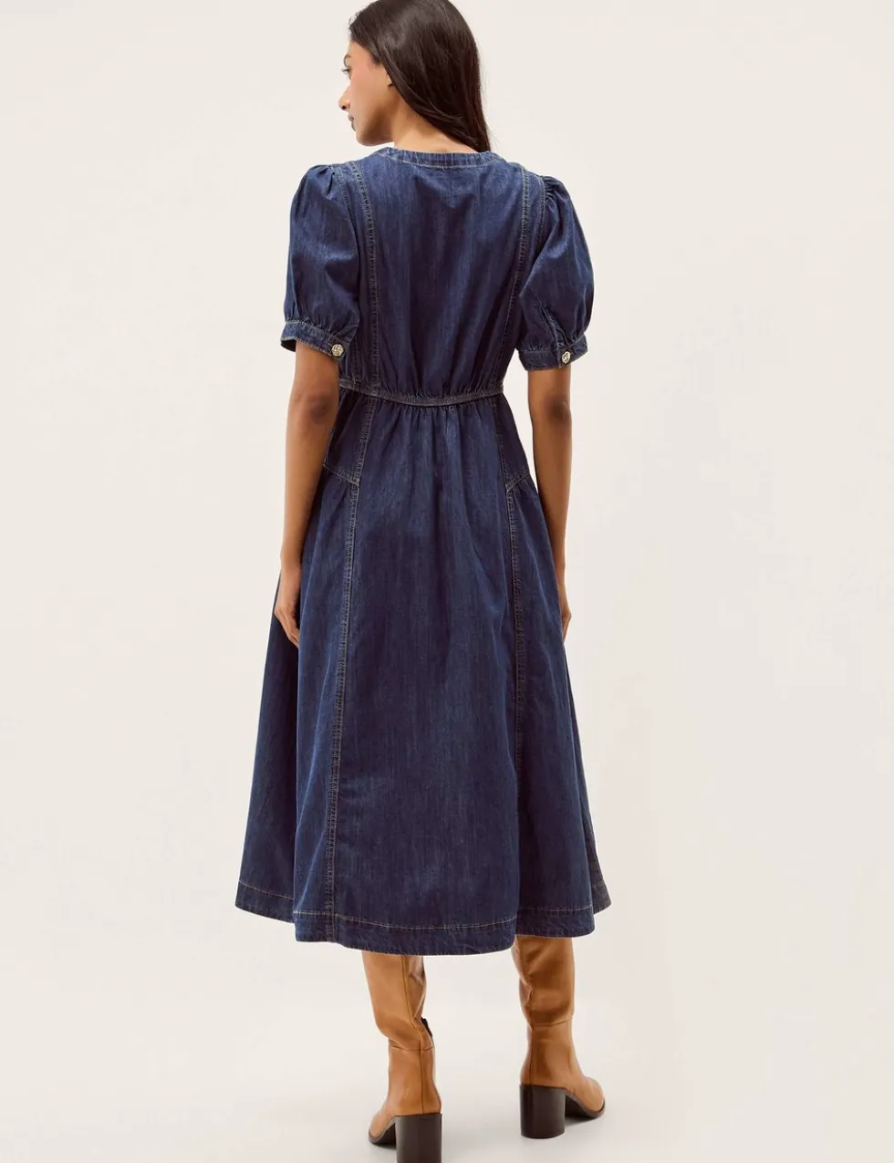 Denim Round Neck Midi Waisted Dress