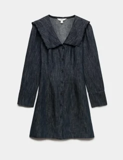Denim Sailor Collar Mini Dress with Linen